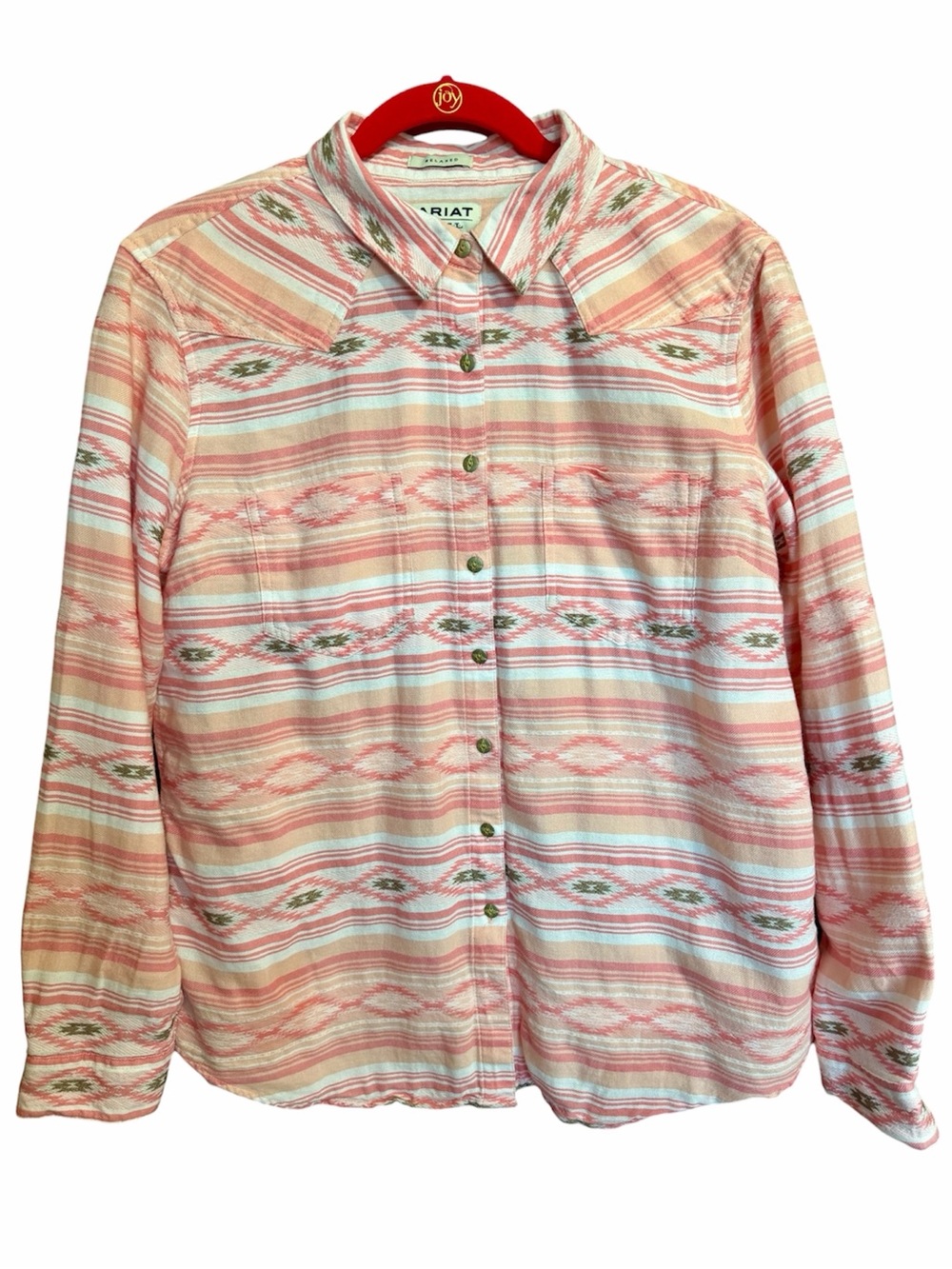ARIAT R.E.A.L. Billie Jean Shirt Women’s Large Pink White Southwest Aztec Stripe